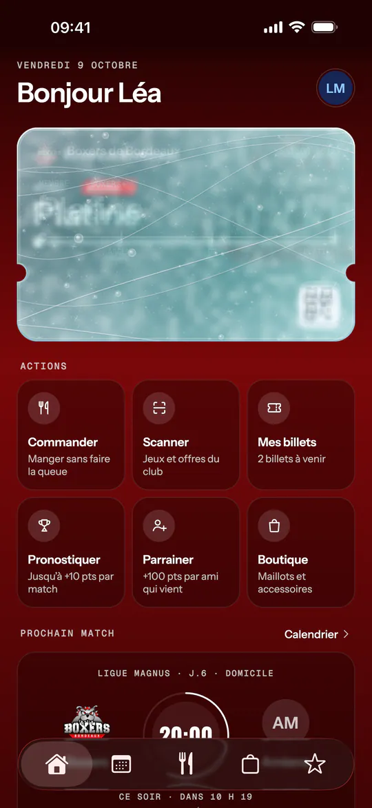 Écran de l'app (Boxers de Bordeaux) : Carte glacée (non abonné). Accueil d'un supporter sans abonnement : la carte Platine est prise sous la glace, trois touches la libèrent.