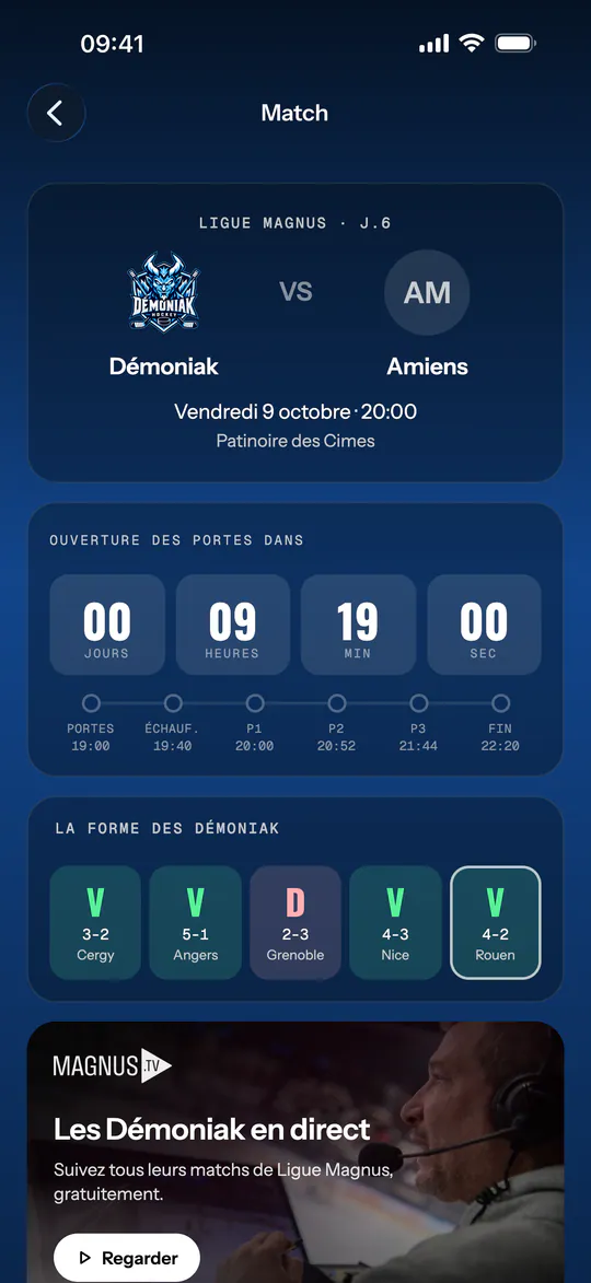 Écran de l'app (Démoniak Hockey) : Match à venir. Fiche du match du soir : face-à-face, compte à rebours avant l'ouverture des portes, étapes de la soirée, forme de l'équipe, Magnus TV.