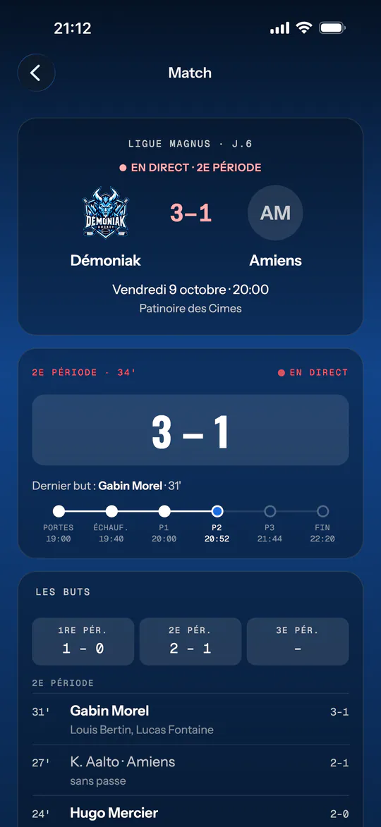Écran de l'app (Démoniak Hockey) : Match en direct. Score en direct 3–1 en 2e période, dernier buteur, avancement de la soirée et liste des buts avec passeurs.