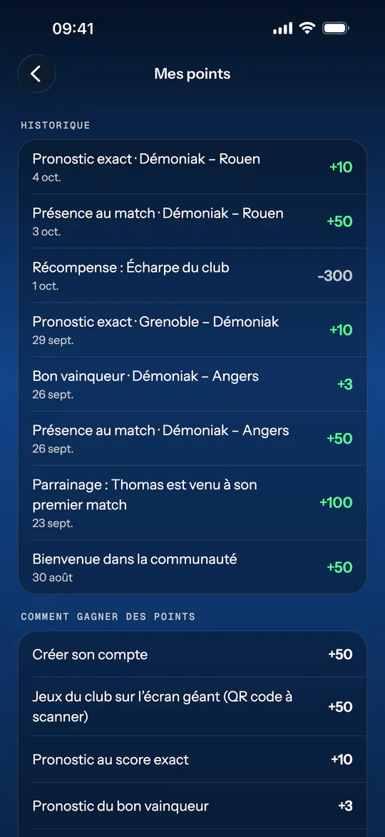Écran de l'app (Démoniak Hockey) : Mes points. Historique des points (présences, pronostics, parrainage, récompense) et barème pour en gagner.