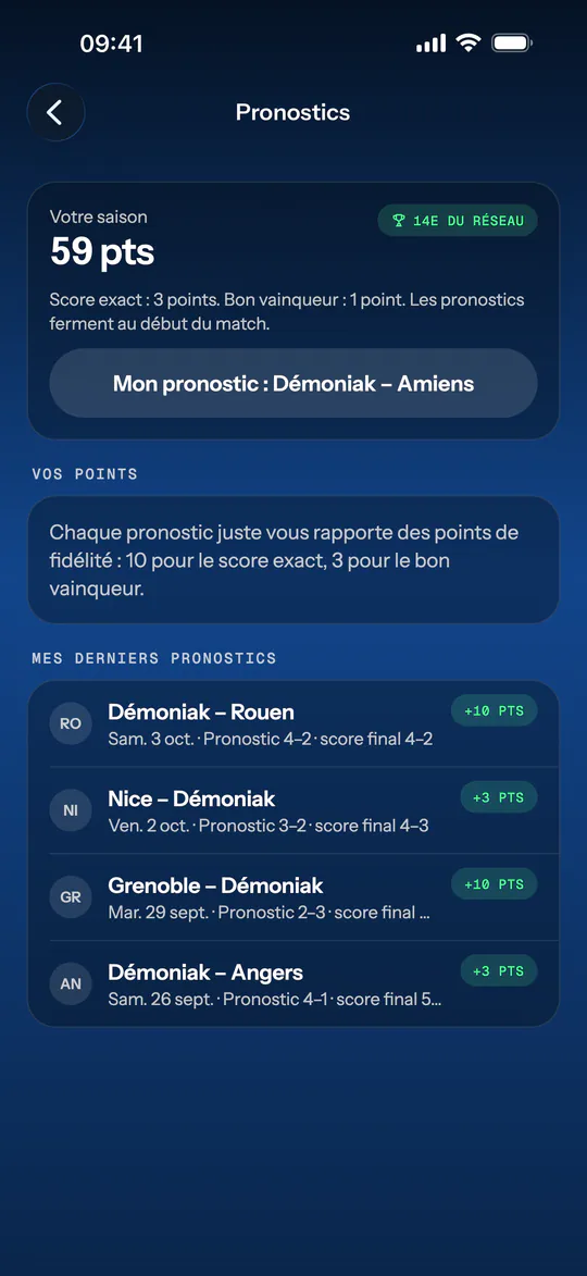 Écran de l'app (Démoniak Hockey) : Pronostics. Points de la saison, rang dans le réseau, pronostic du prochain match et historique des derniers pronostics.