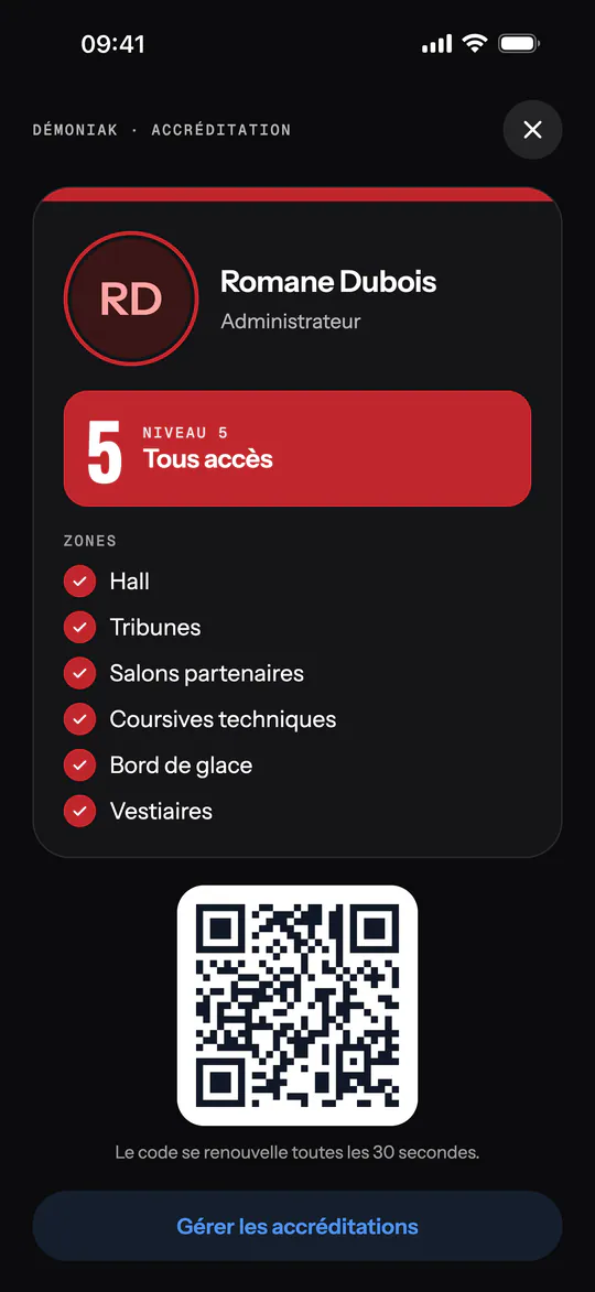 Écran de l'app (Démoniak Hockey) : Carte staff (accréditation). Badge d'accréditation : niveau 5 « Tous accès », zones autorisées cochées, QR code renouvelé.
